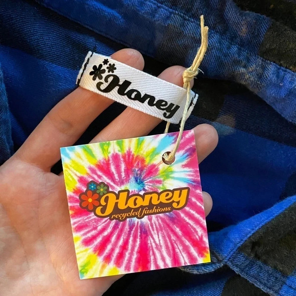 Reworked Boho Floral Bleached Plaid Button Down Shirt Womens Size Large Top Red - Picture 11 of 13